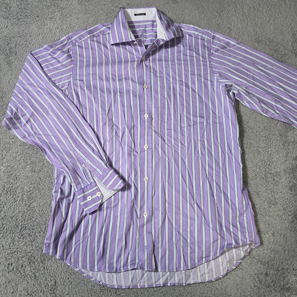 Bugatchi Uomo Mens L Button Down Shirt Purple Striped Classic‎ Fit 100% Cotton